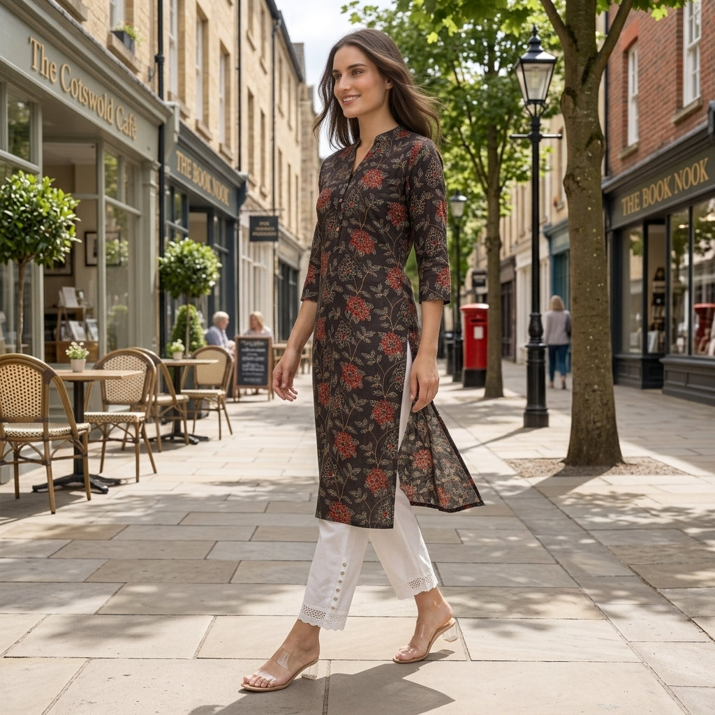 Black Floral Print Rayon Straight Kurta