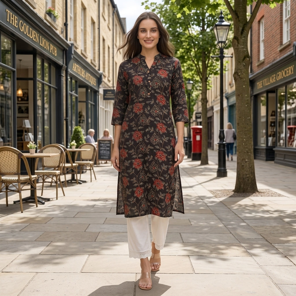 Black Floral Print Rayon Straight Kurta
