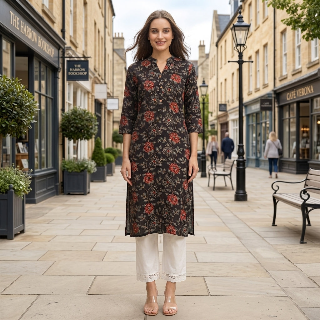Black Floral Print Rayon Straight Kurta