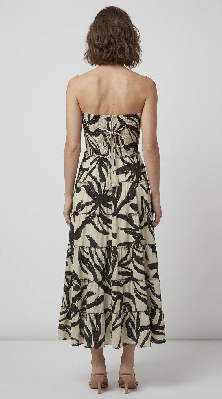 Black and off-white patterned strapless tiered maxi dress