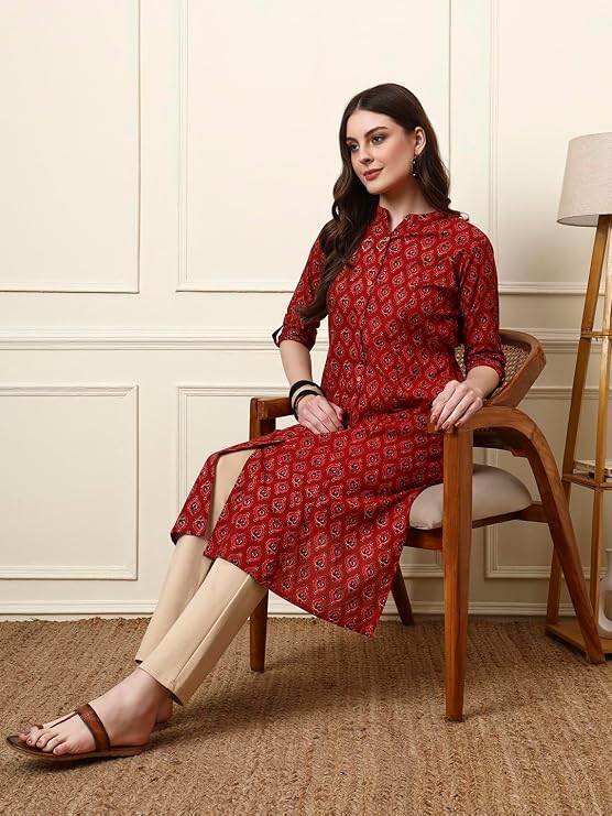 Maroon mandarin collar floral cotton kurta