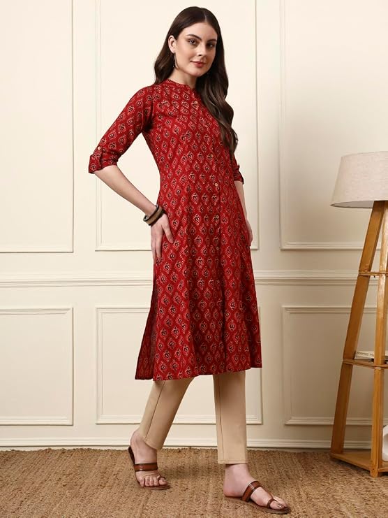 Maroon mandarin collar floral cotton kurta