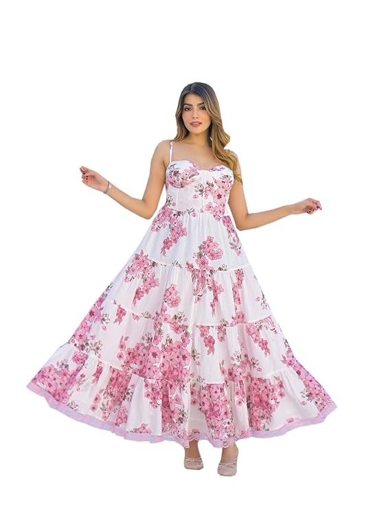 White Pink Floral Shoulder Strap Cotton Dress