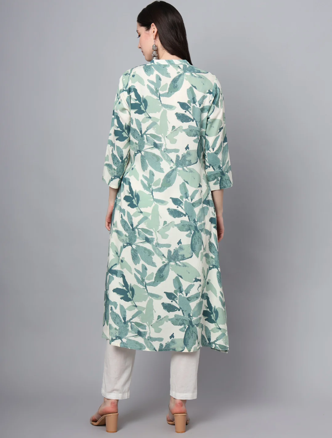 Green and white botanical leaf-print A-line kurta