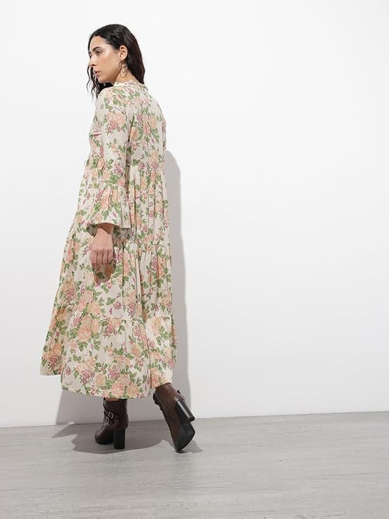 Cream floral print cotton midi dress