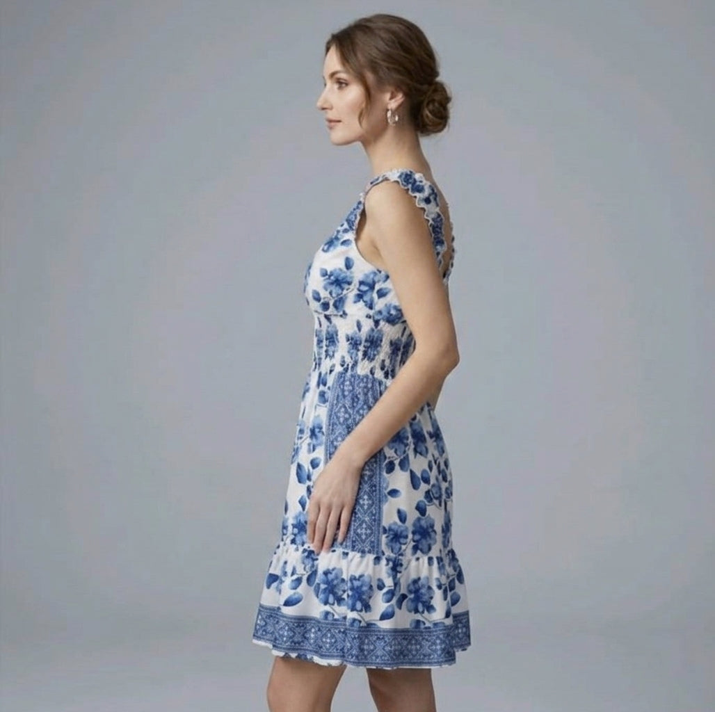 Blue and white floral print mini dress