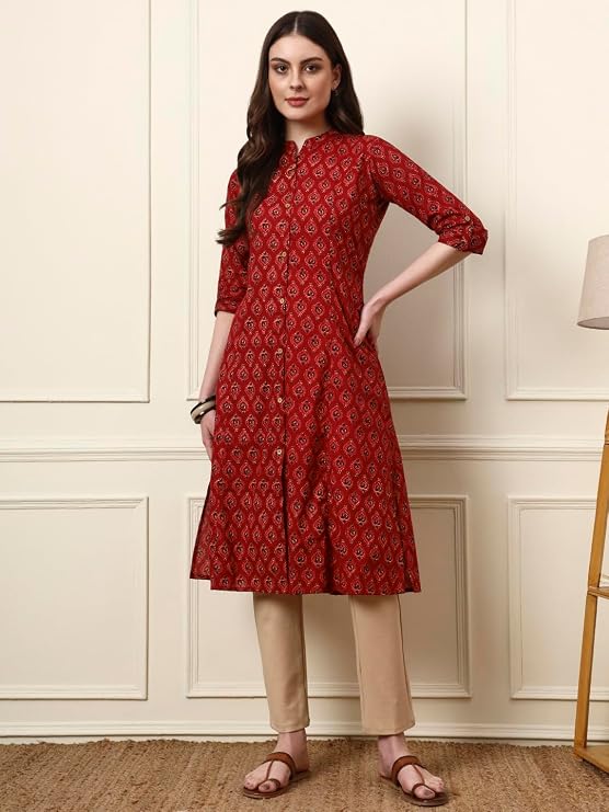 Maroon mandarin collar floral cotton kurta
