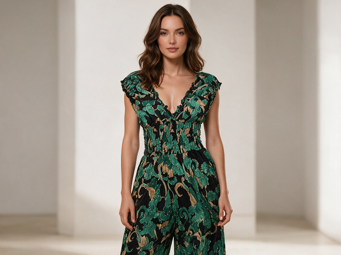 Emerald Jacquard Wide-Leg Jumpsuit