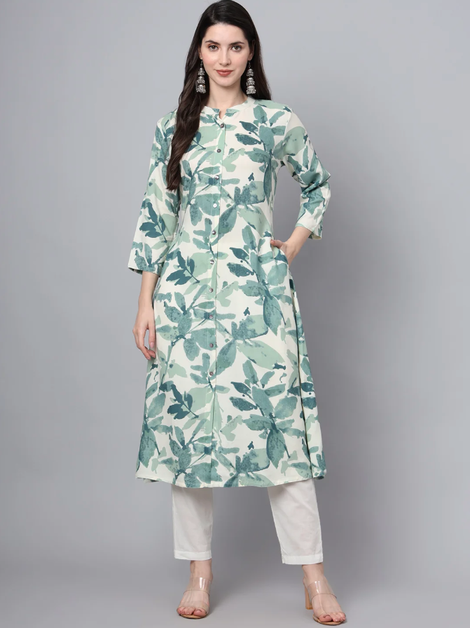 Green and white botanical leaf-print A-line kurta