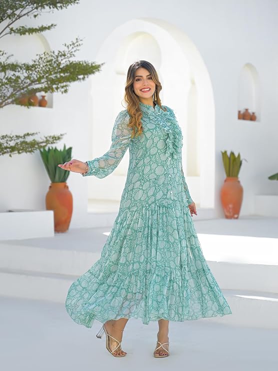 Green floral print georgette maxi dress