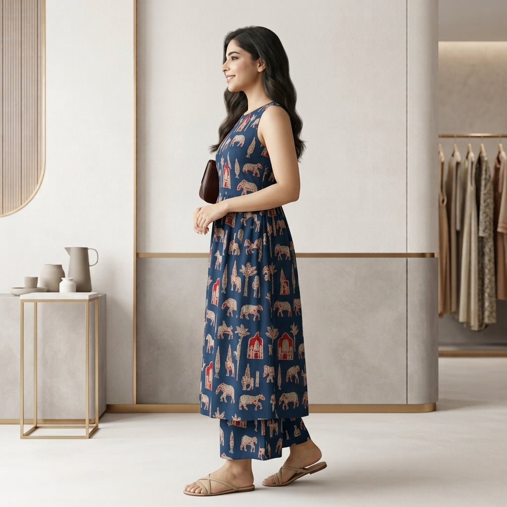 Blue Jaipuri block print Kurta and Palazzo Set