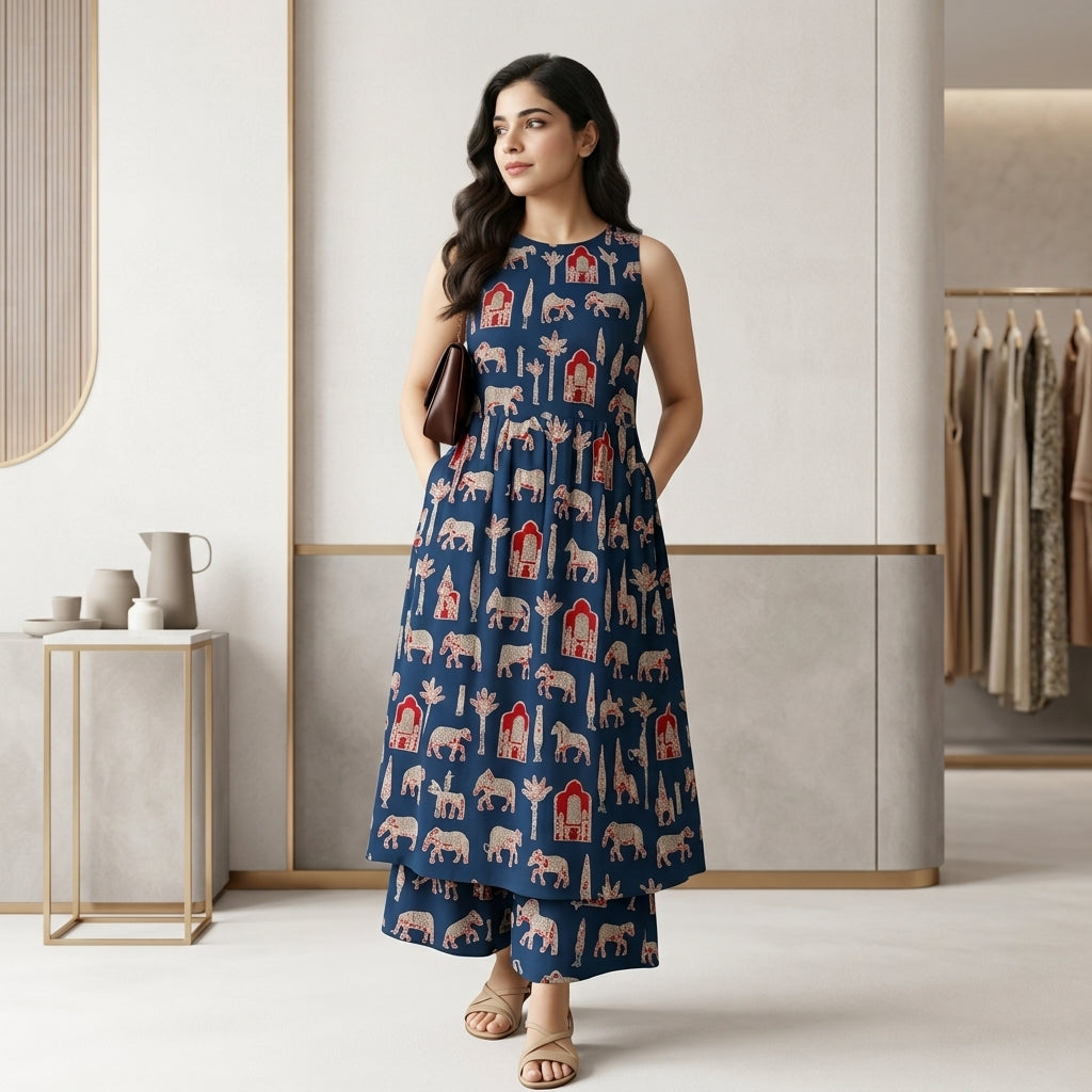 Blue Jaipuri block print Kurta and Palazzo Set