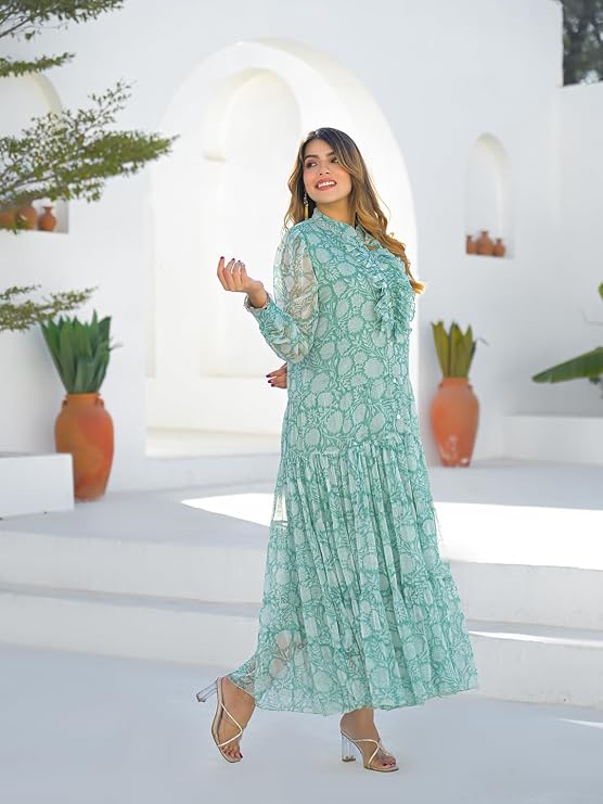 Green floral print georgette maxi dress