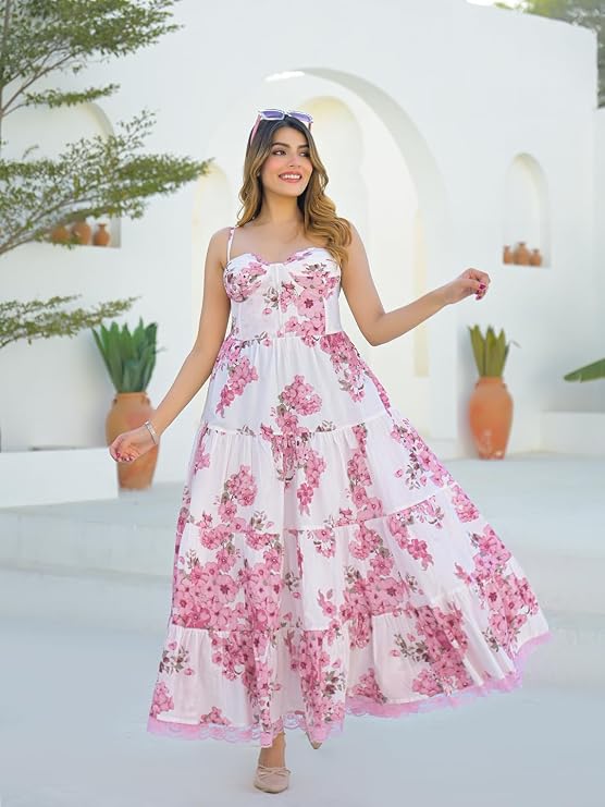 White Pink Floral Shoulder Strap Cotton Dress