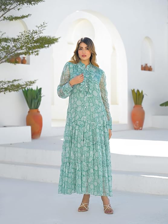 Green floral print georgette maxi dress