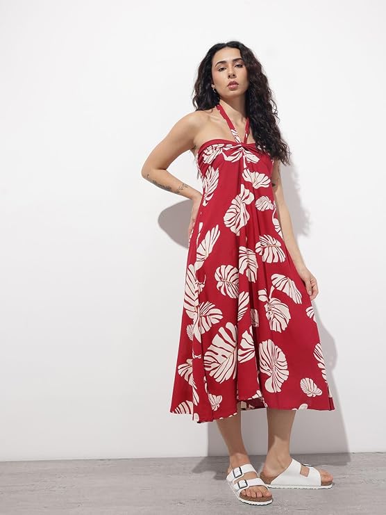 Maroon halter-style midi dress