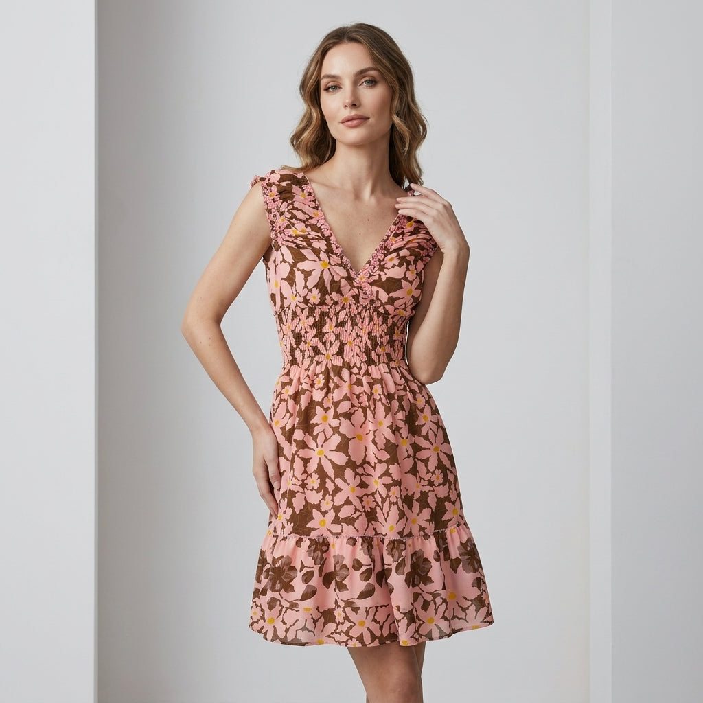 Blush pink and warm brown Silk Smocked Mini Dress