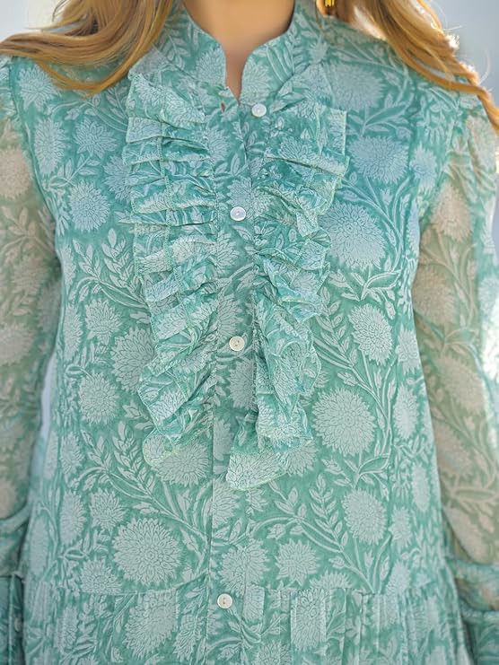 Green floral print georgette maxi dress