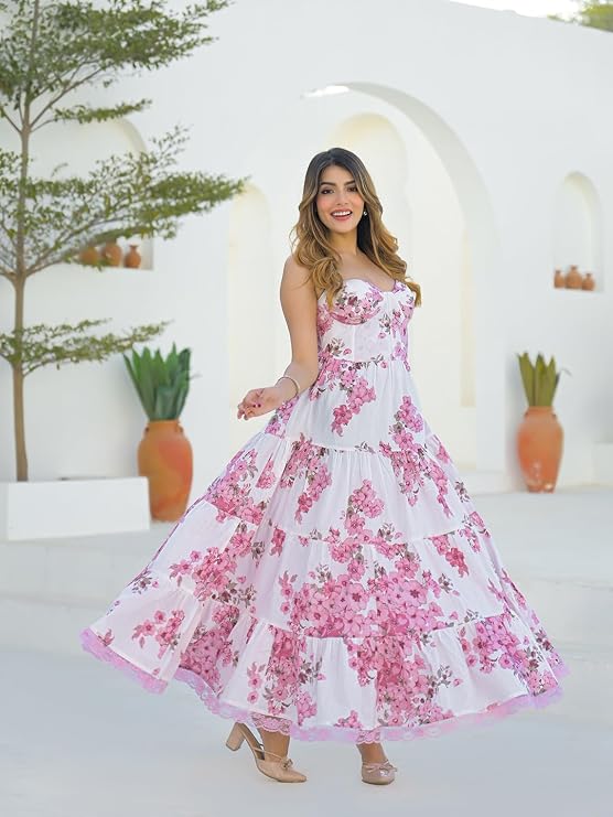 White Pink Floral Shoulder Strap Cotton Dress