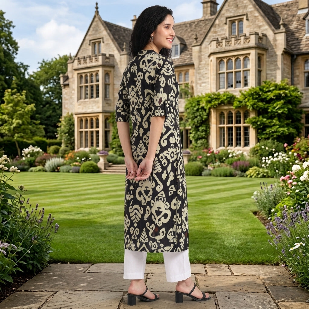 Black-and-white abstract printed viscose rayon kurta