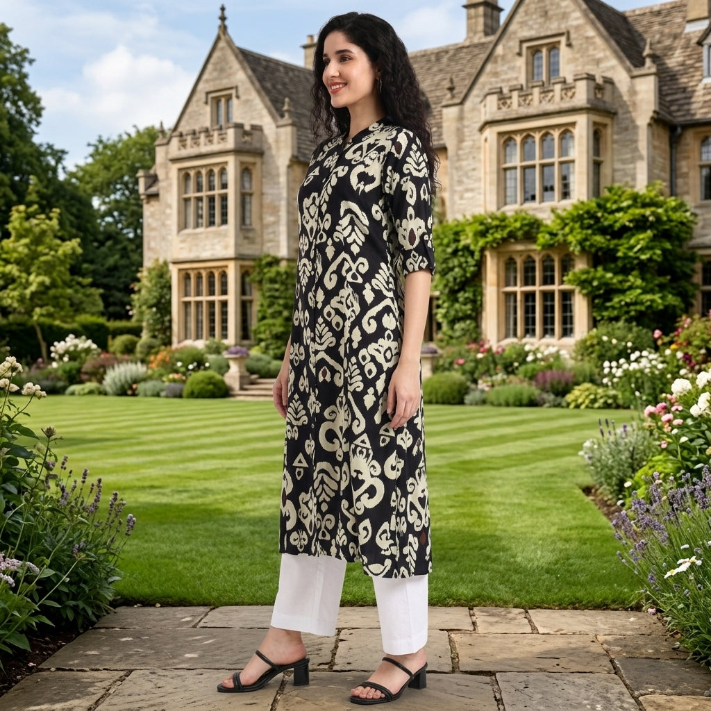 Black-and-white abstract printed viscose rayon kurta