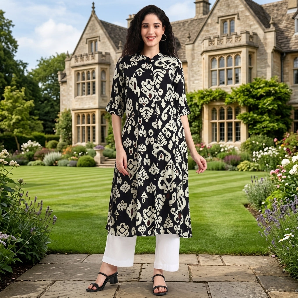 Black-and-white abstract printed viscose rayon kurta