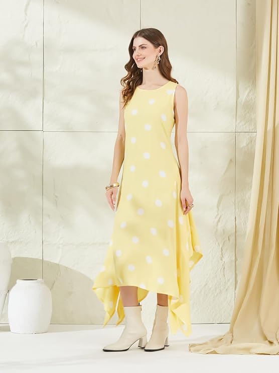 Yellow midi dress with a white polka dot