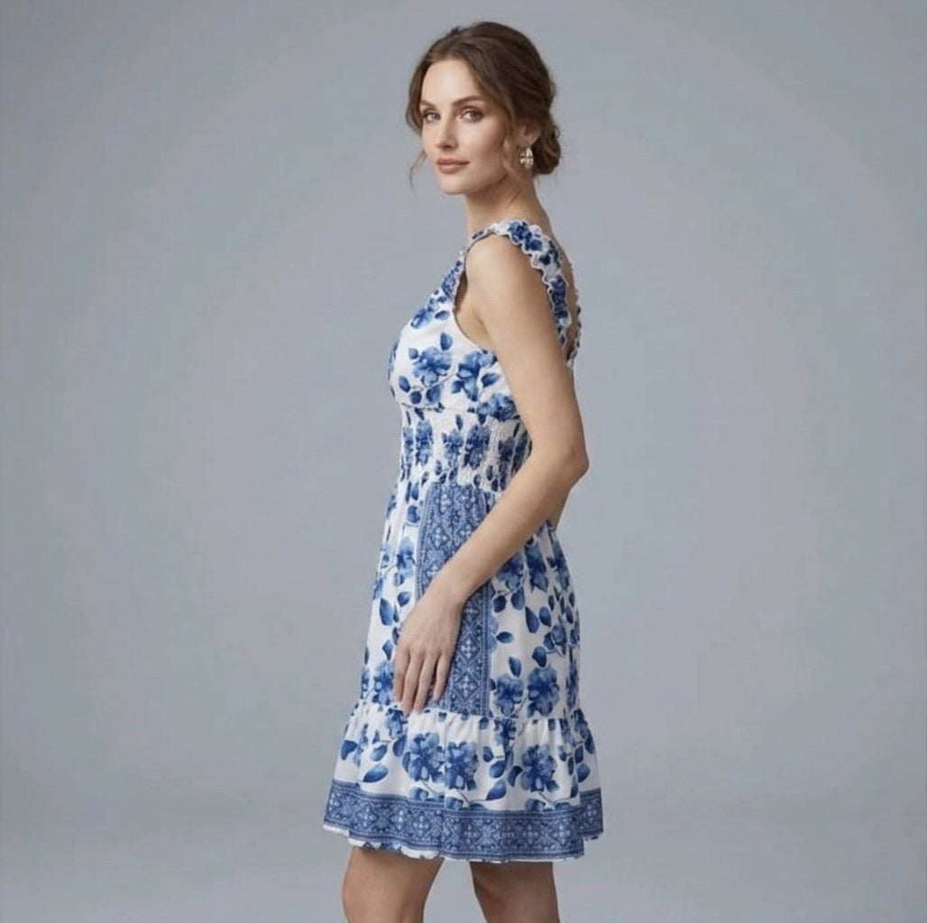 Blue and white floral print mini dress