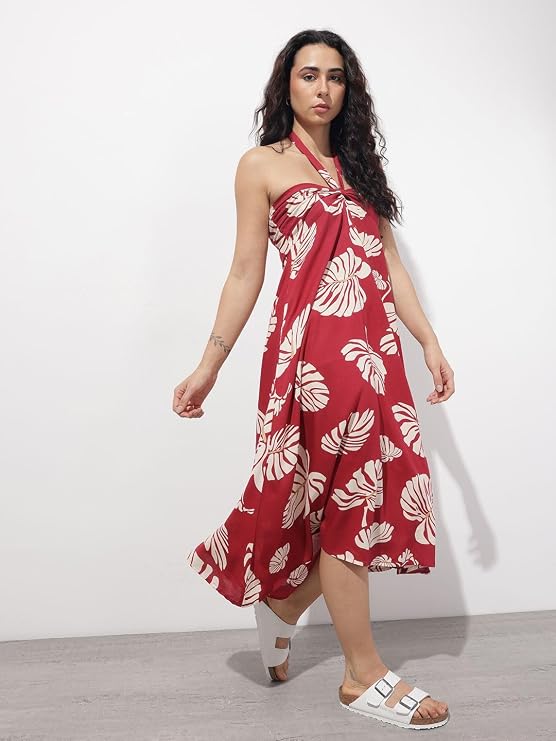Maroon halter-style midi dress