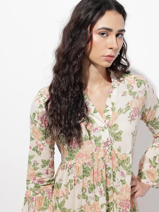 Cream floral print cotton midi dress