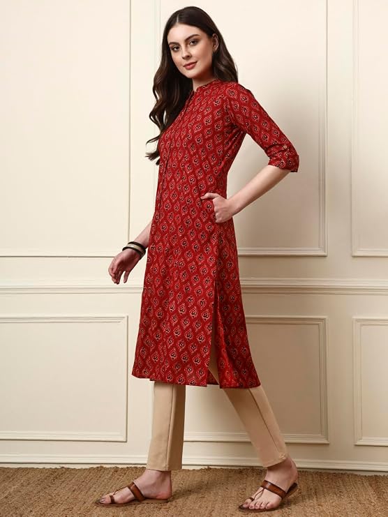 Maroon mandarin collar floral cotton kurta