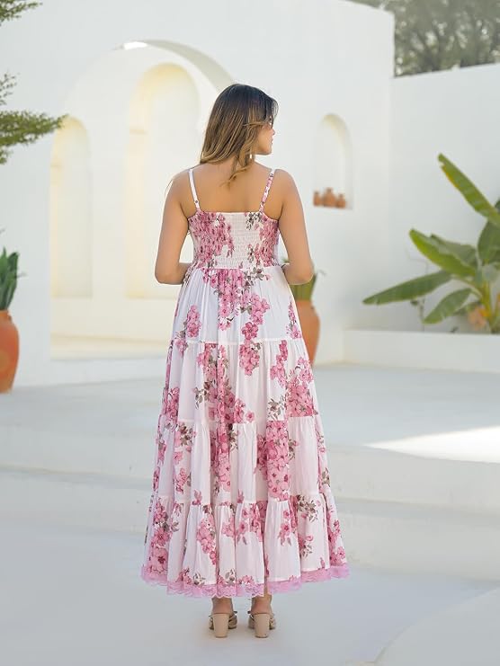 White Pink Floral Shoulder Strap Cotton Dress