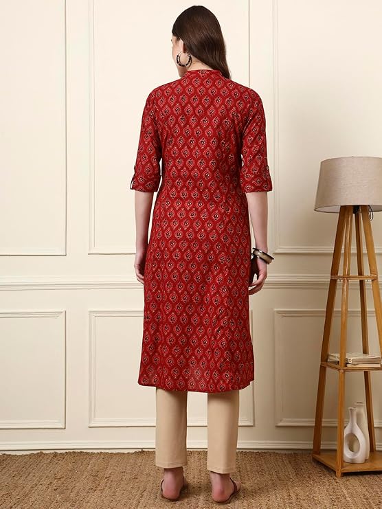 Maroon mandarin collar floral cotton kurta