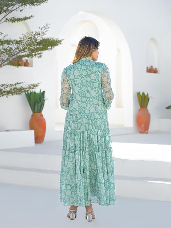 Green floral print georgette maxi dress