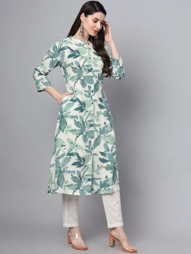 Green and white botanical leaf-print A-line kurta