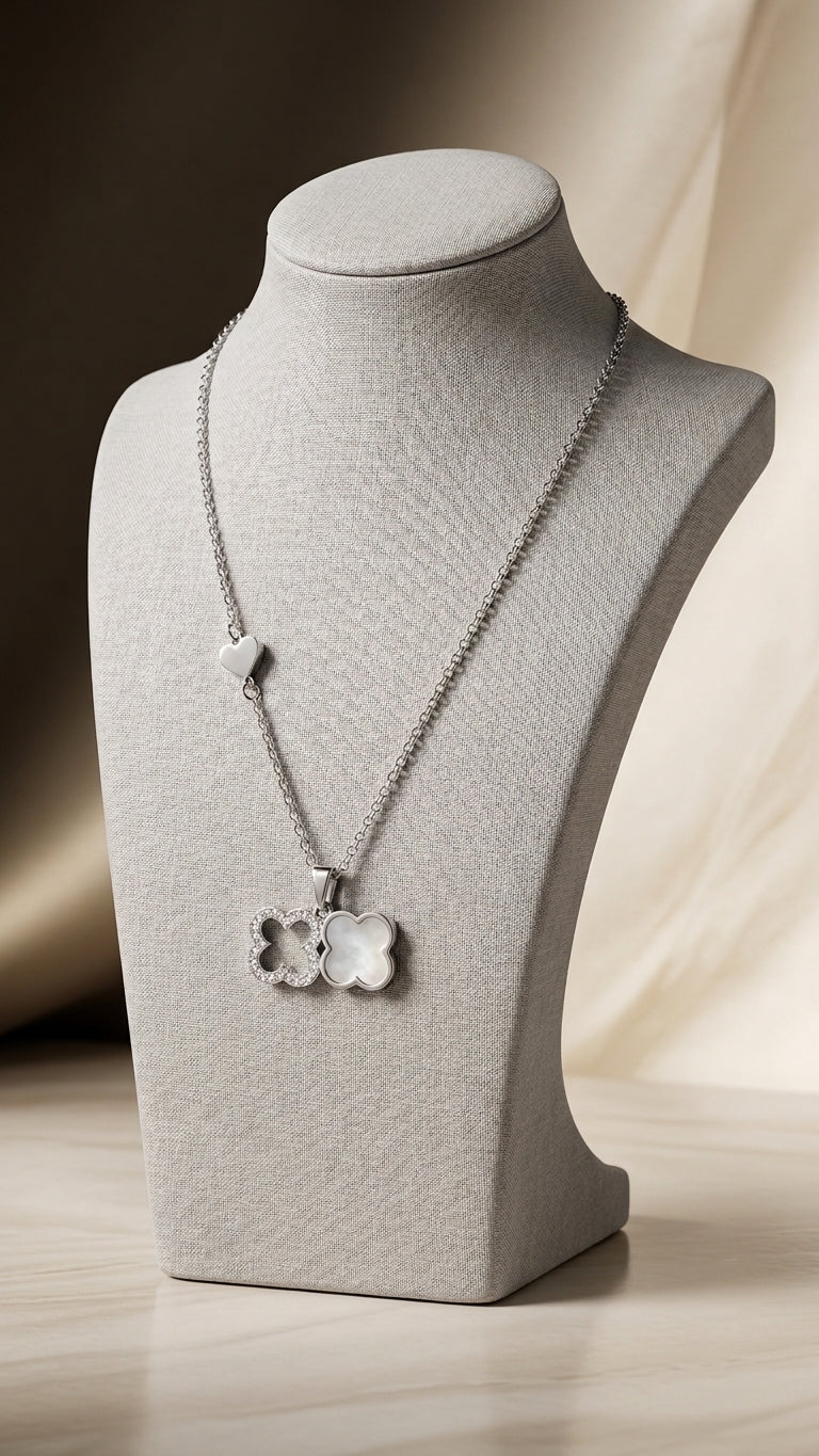 Silver Clover Double-Pendant Necklace- Imitation Jewelry