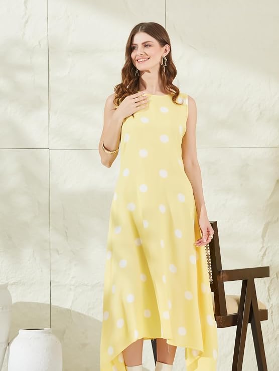 Yellow midi dress with a white polka dot