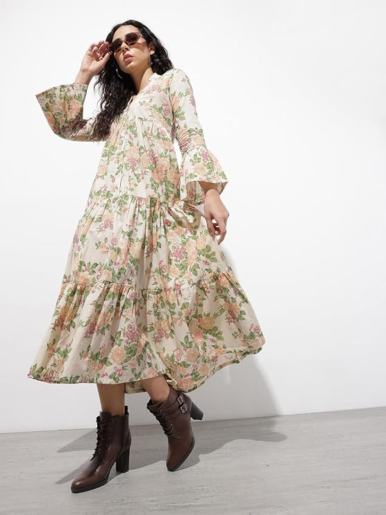 Cream floral print cotton midi dress