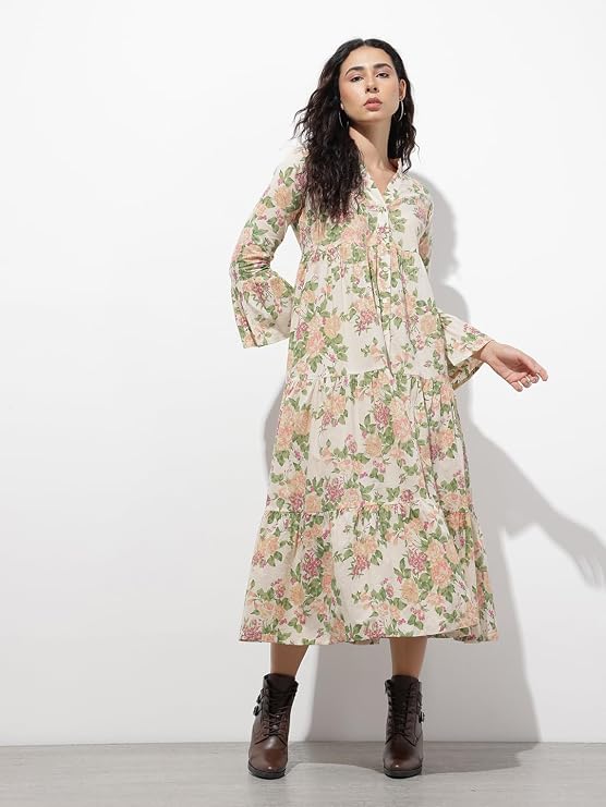 Cream floral print cotton midi dress